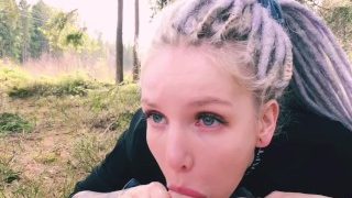 OUTDOORS BLOWJOB, teenage nympho in the forest gets cum on face – Red Fox