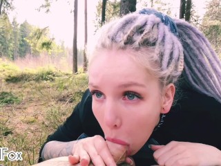 OUTDOORS BLOWJOB, teenage nympho in the forest gets cum on face – Red Fox